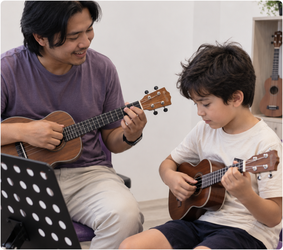 Ukulele lesson with teacher and student